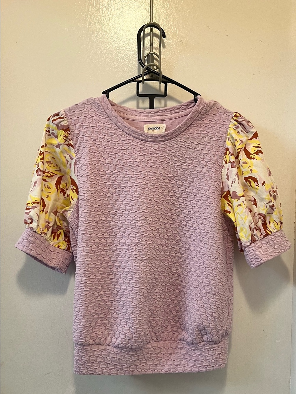 Anthropologie Lilac Textured Sweatshirt with Yellow Floral Puff Sleeves